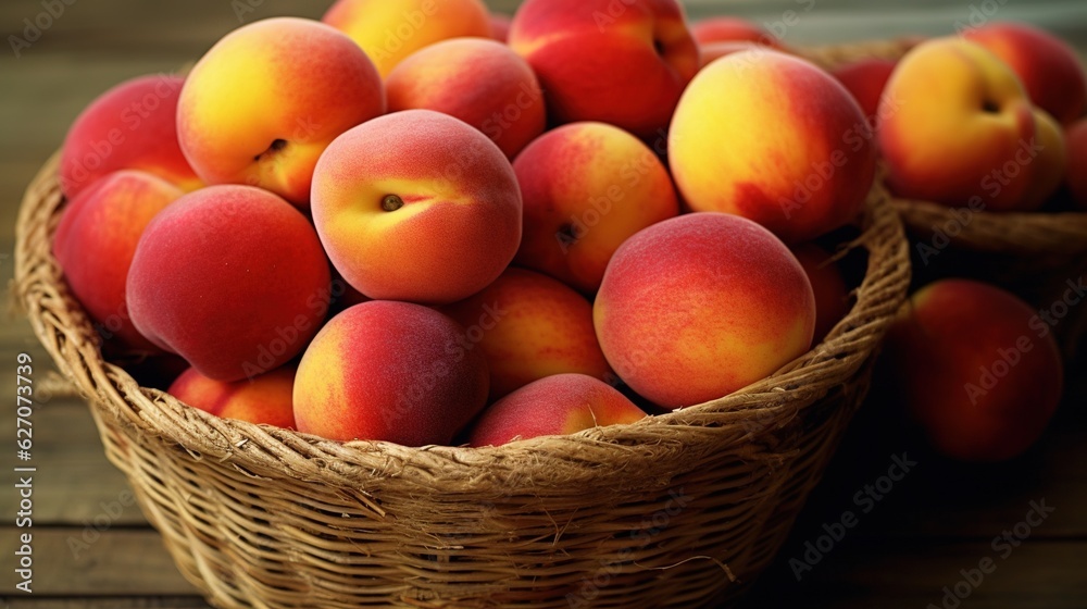 a basket of peaches sitting on a wooden table next to another basket of peaches. generative ai a basket of peaches sitting on a wooden table next to another basket of peaches. generative ai