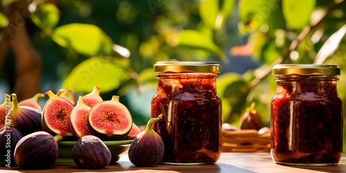 Close-up of fig jam and fresh figs in jars on the table against the backdrop of a natural bright garden