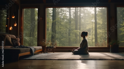 A peaceful scene of a woman meditating in a quiet room with breathtaking views to the forest. Yoga, De Rose, Wellness and mindfulness concept. AI Generative 