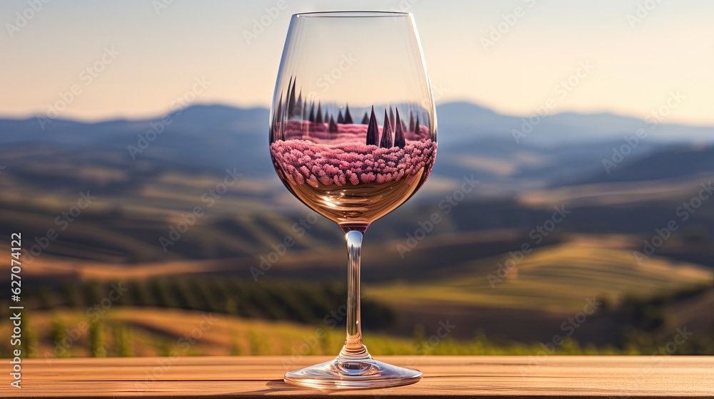  a glass of wine with a landscape in the glass and mountains in the background.  generative ai