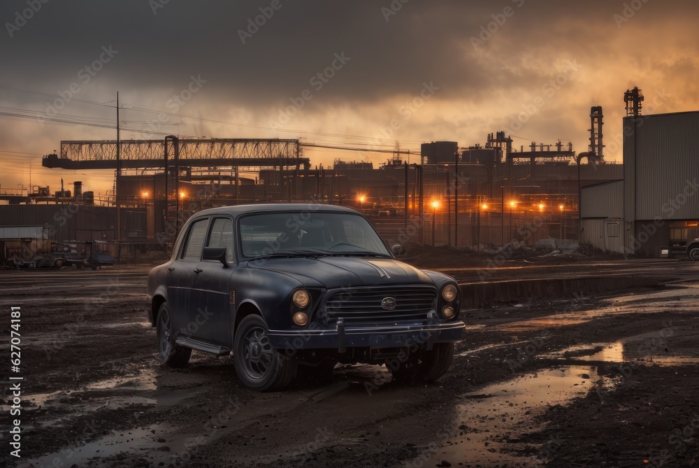 A car on foreground and Metal structures and buildings of the old metallurgical plant on background. The process of melting metal. Products of the metallurgical enterprise.