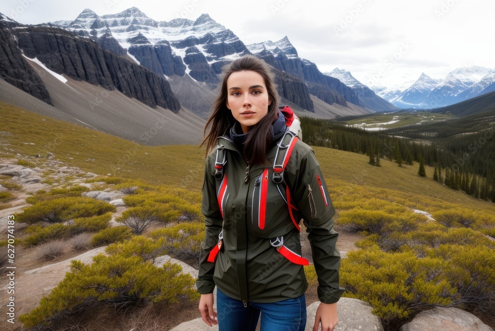 a young woman dressed in rugged outdoor attire, exploration-ready, adventurous spirit, exuding confidence and elegance amidst a natural backdrop. Mountain view