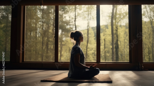 A peaceful scene of a woman meditating in a quiet room with breathtaking views to the forest. Yoga, De Rose, Wellness and mindfulness concept. AI Generative 