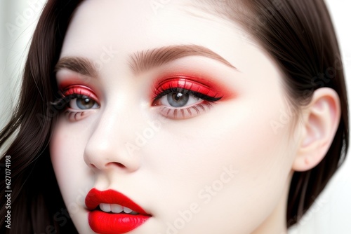 Face of beauty young model woman with hair style. Perfect skin, natural nude makeup. Bright saturated Red lips on white pale face extra closeup. Skincare facial treatment concept