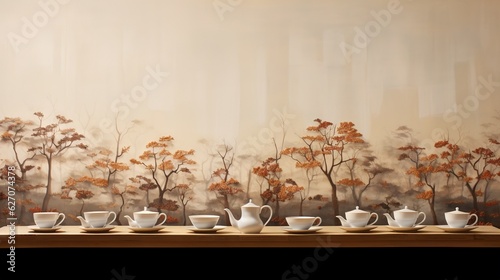  a painting of a row of tea cups on a table.  generative ai