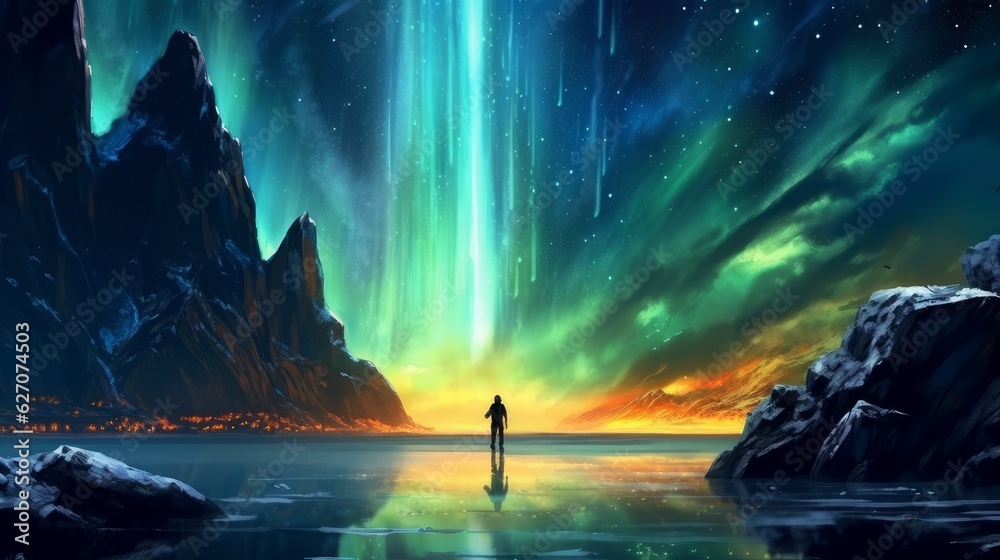 girl looks at the northern lights