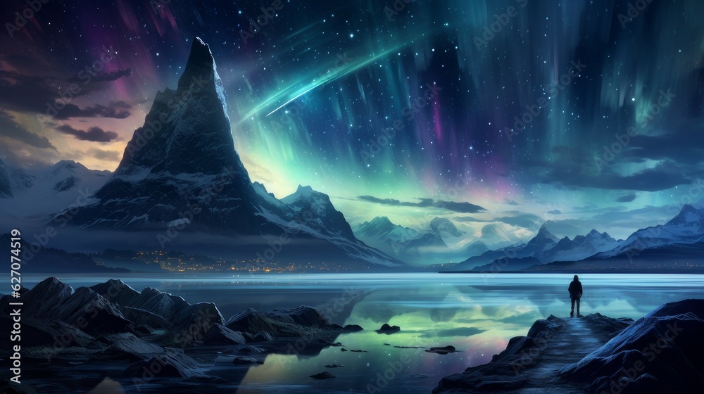 girl looks at the northern lights girl looks at the northern lights