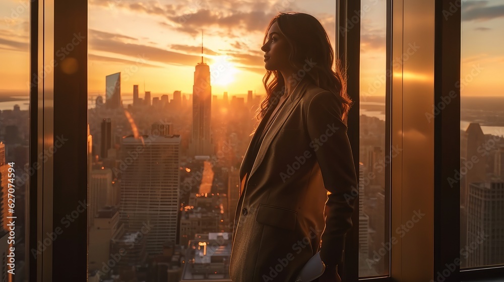 woman in new york looking out the window at the city