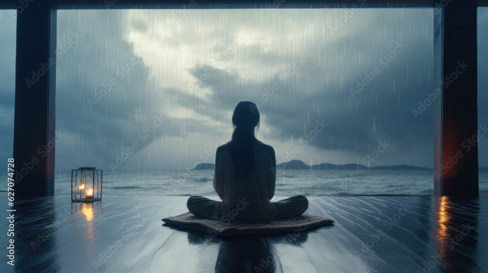A peaceful scene of a woman meditating in a quiet room with breathtaking views to the sea. Yoga, De Rose, Wellness and mindfulness concept. AI Generative	