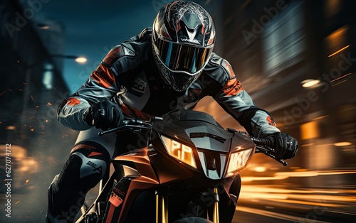 A motorbike rider is speeding in the wind, wearing streamlined motorciclist clothes and helmet, generative ai