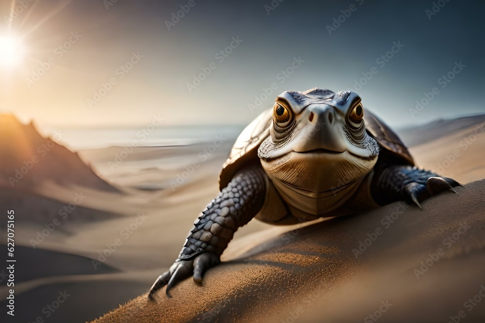 Żółw idący na pustyni - obrazy, fototapety, plakaty 