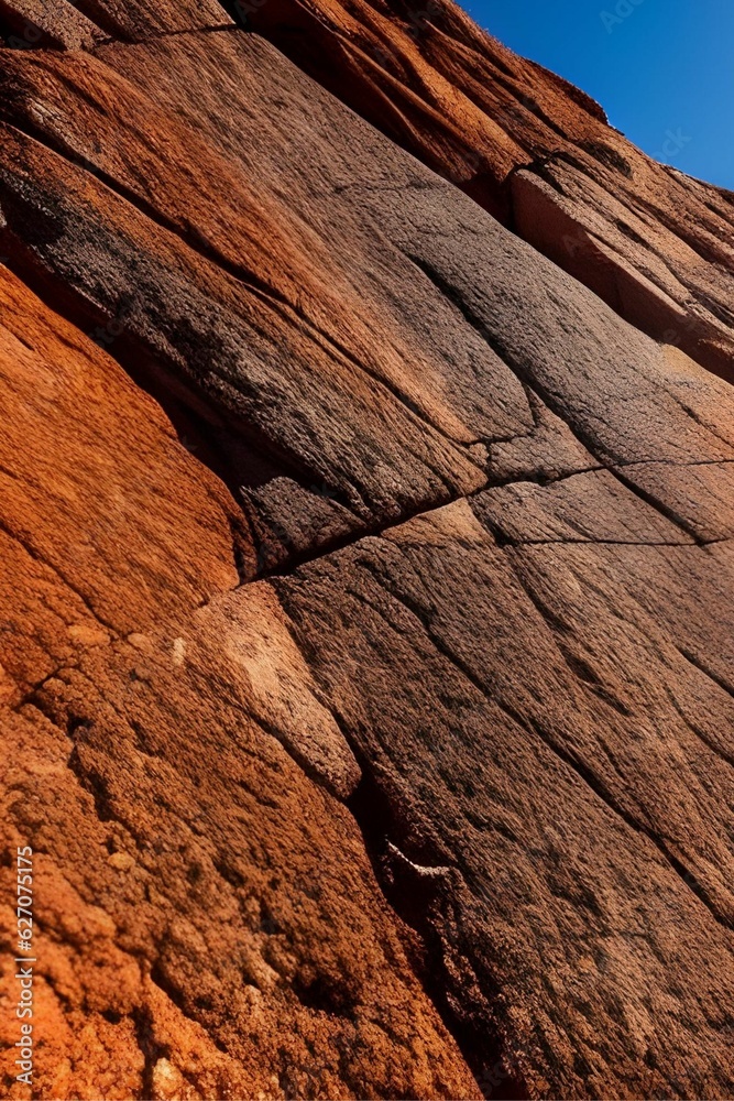 Obraz premium Dark red-orange-brown rock texture with cracks. Close-up. Rough mountain surface. Stone granite background for design. Nature.