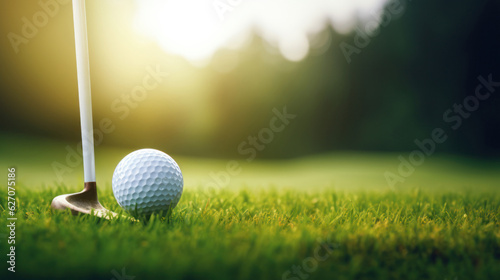 Golf club and ball in grass concept. Golf balls on the golf course with golf clubs ready for the first short. In the morning, with the beautiful sunlight.