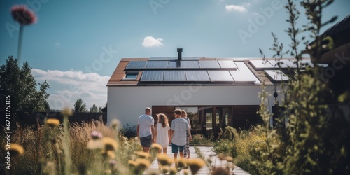 Happy Family with Solar Panels on Modern House Rooftop, Solar Panel on rooftop, family in the garden