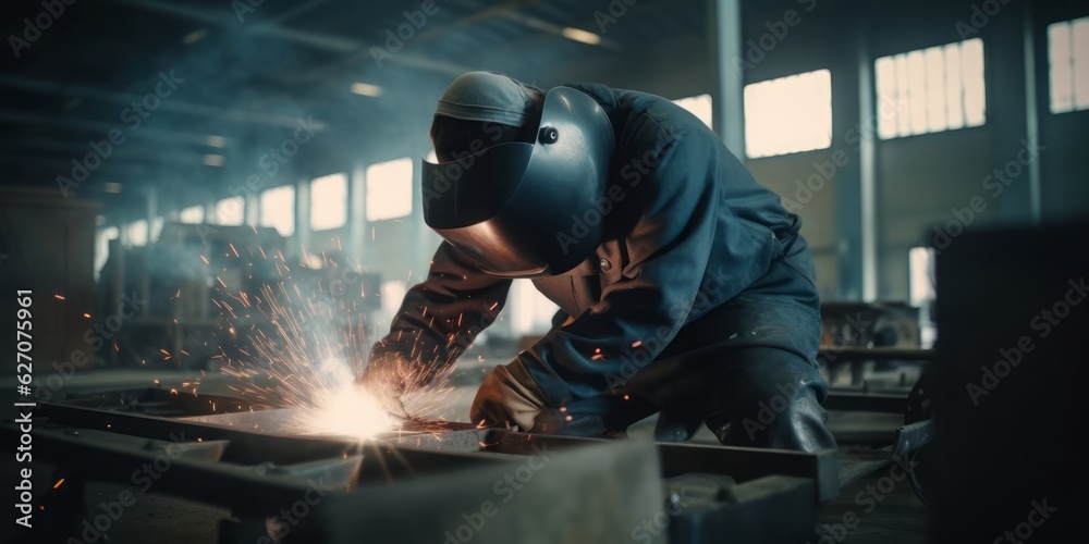 welder working in the factory, Modern Worker Welding a Beam in Protective Gear Illustrating Industrial Concept welder working in the factory, Modern Worker Welding a Beam in Protective Gear Illustrating Industrial Concept