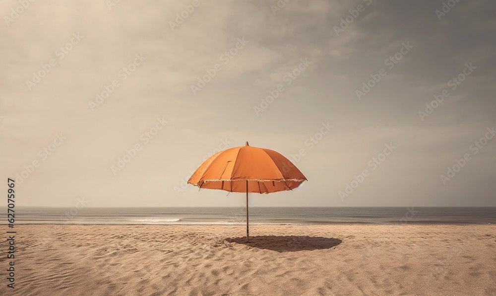  an orange umbrella sitting on top of a sandy beach next to the ocean.  generative ai