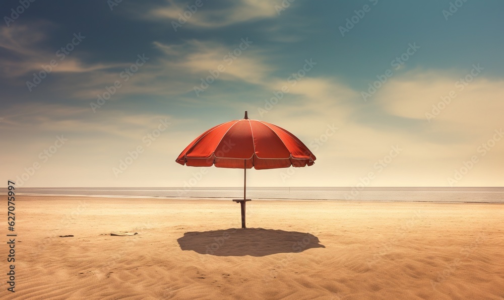  a red umbrella sitting on top of a sandy beach next to the ocean.  generative ai