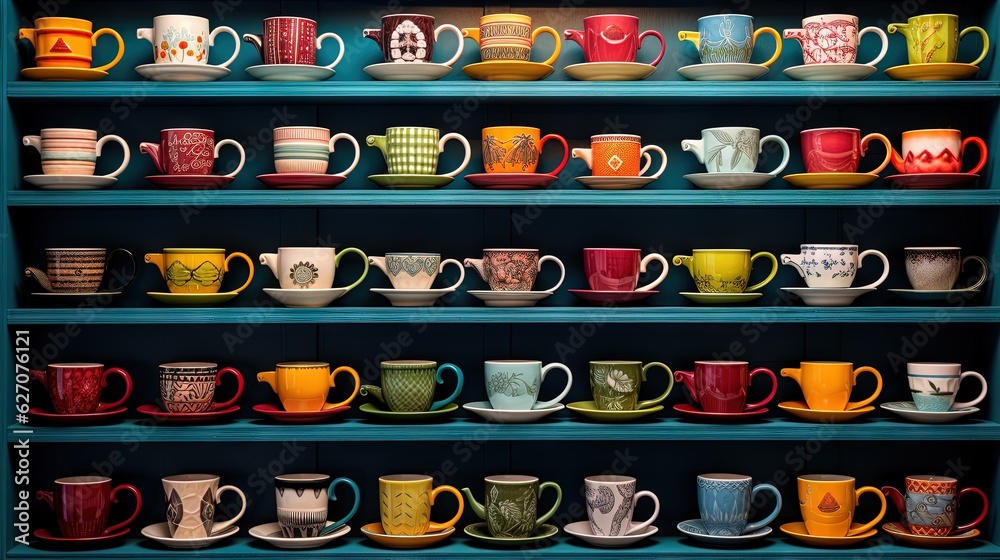  a shelf filled with lots of different colored coffee mugs.  generative ai