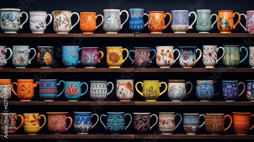  a shelf filled with lots of different colored coffee mugs. generative ai