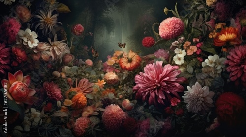 Wallpapers of a floral arrangement  in the style of dreamy surrealist compositions  vignetting  old masters  lush and detailed image.
