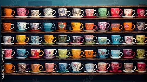  a shelf filled with lots of different colored coffee mugs. generative ai