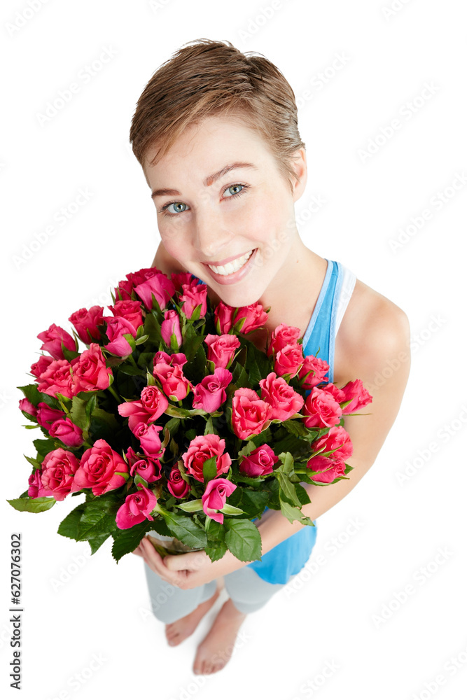 Woman, smile and rose bouquet in portrait, Valentines day gift and love, nature isolated on white background. Face, beauty and happy person, romance and celebrate holiday or anniversary in studio