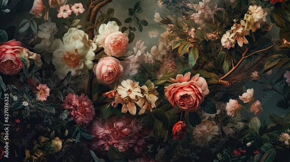 Wallpapers of a floral arrangement, in the style of dreamy surrealist compositions, vignetting, old masters, lush and detailed image. - obrazy, fototapety, plakaty 