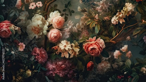 Wallpapers of a floral arrangement, in the style of dreamy surrealist compositions, vignetting, old masters, lush and detailed image. © Vitaly Art