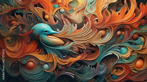  a painting of a blue bird with orange feathers on it.  generative ai
