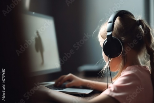 girl in headphones using computer studying remotely.back to school. 