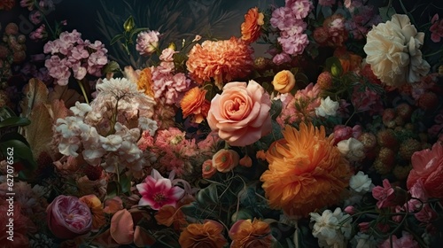 Wallpapers of a floral arrangement, in the style of dreamy surrealist compositions, vignetting, old masters, lush and detailed image. © Vitaly Art