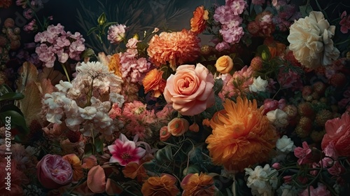 Wallpapers of a floral arrangement, in the style of dreamy surrealist compositions, vignetting, old masters, lush and detailed image.