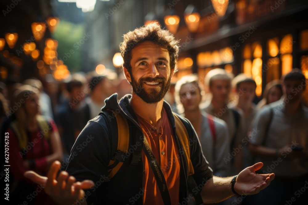 A friendly tour guide leading a group of tourists through bustling city streets, pointing out landmarks and sharing fascinating historical facts. Generative AI A friendly tour guide leading a group of tourists through bustling city streets, pointing out landmarks and sharing fascinating historical facts. Generative AI