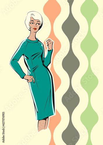 Retro Fashion Woman Dress Mode Poster. 1960s Vintage Female Style Illustration