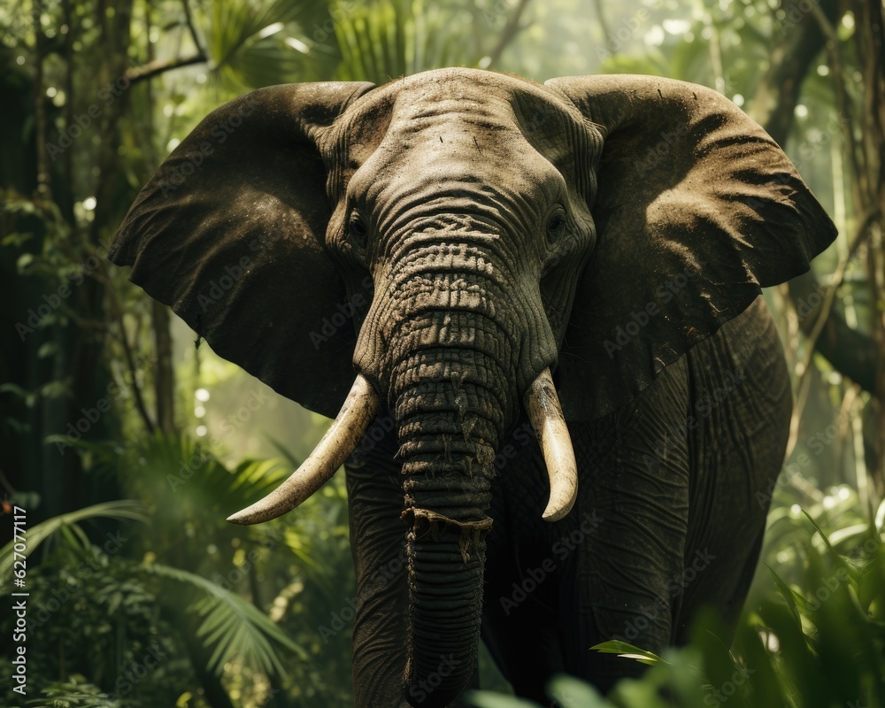 In a tree-filled forest, an elephant stands with tusks. (Generative AI)