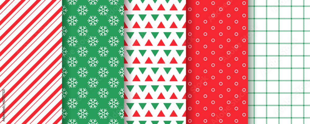 Seamless pattern. Christmas backgrounds. Set Xmas prints. Noel textures with candy cane stripes, polka dot, snowflakes, triangle and check. Holiday packing papers for scrap design. Vector illustration Seamless pattern. Christmas backgrounds. Set Xmas prints. Noel textures with candy cane stripes, polka dot, snowflakes, triangle and check. Holiday packing papers for scrap design. Vector illustration