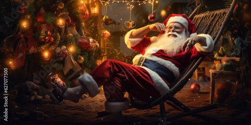 Santa's Tropical Escape. Christmas Scene with Santa Claus Relaxing in a Tropical Setting. AI Generative