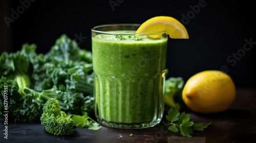  a glass of green smoothie next to a pile of broccoli. generative ai