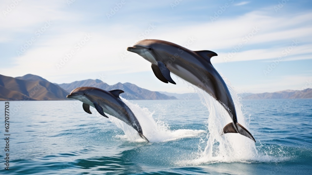 Dolphin Jumping From Open Water in Sea Under Blue Cloudy Sky With Bright Sun