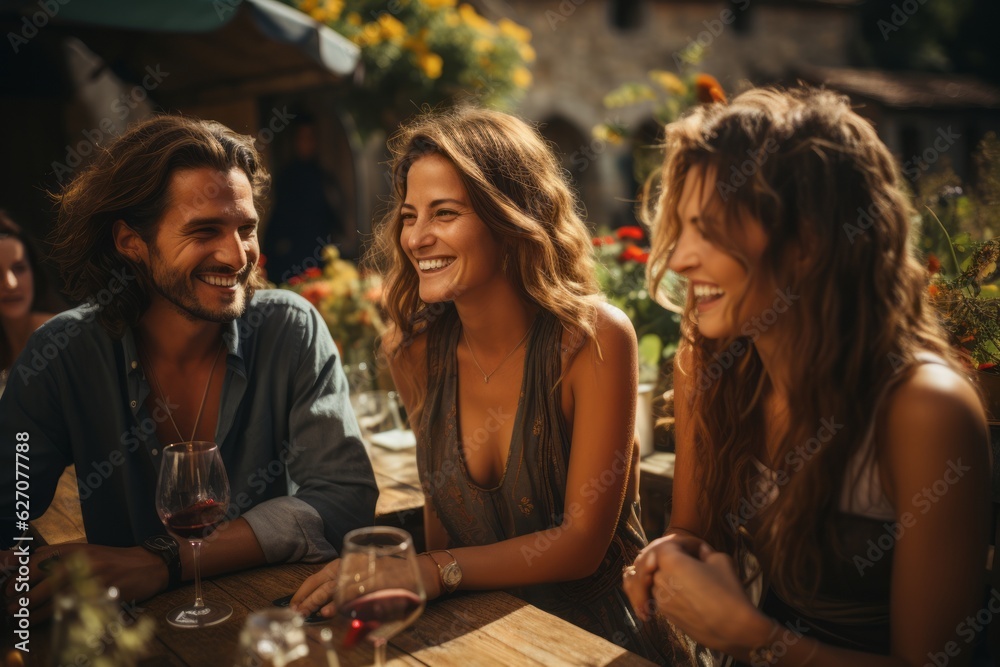 A joyful group of friends clinking wine glasses, enjoying a picnic amidst the scenic beauty of a vineyard. Generative AI