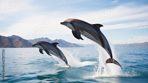 Dolphin Jumping From Open Water in Sea Under Blue Cloudy Sky With Bright Sun © Valery Zayats