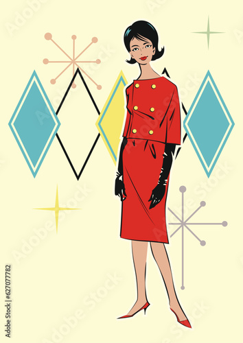 1960s Retro Woman Fashion Dress Mode Poster. Mid Century Modern Vogue Trend Illustration