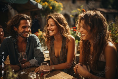 A joyful group of friends clinking wine glasses  enjoying a picnic amidst the scenic beauty of a vineyard. Generative AI