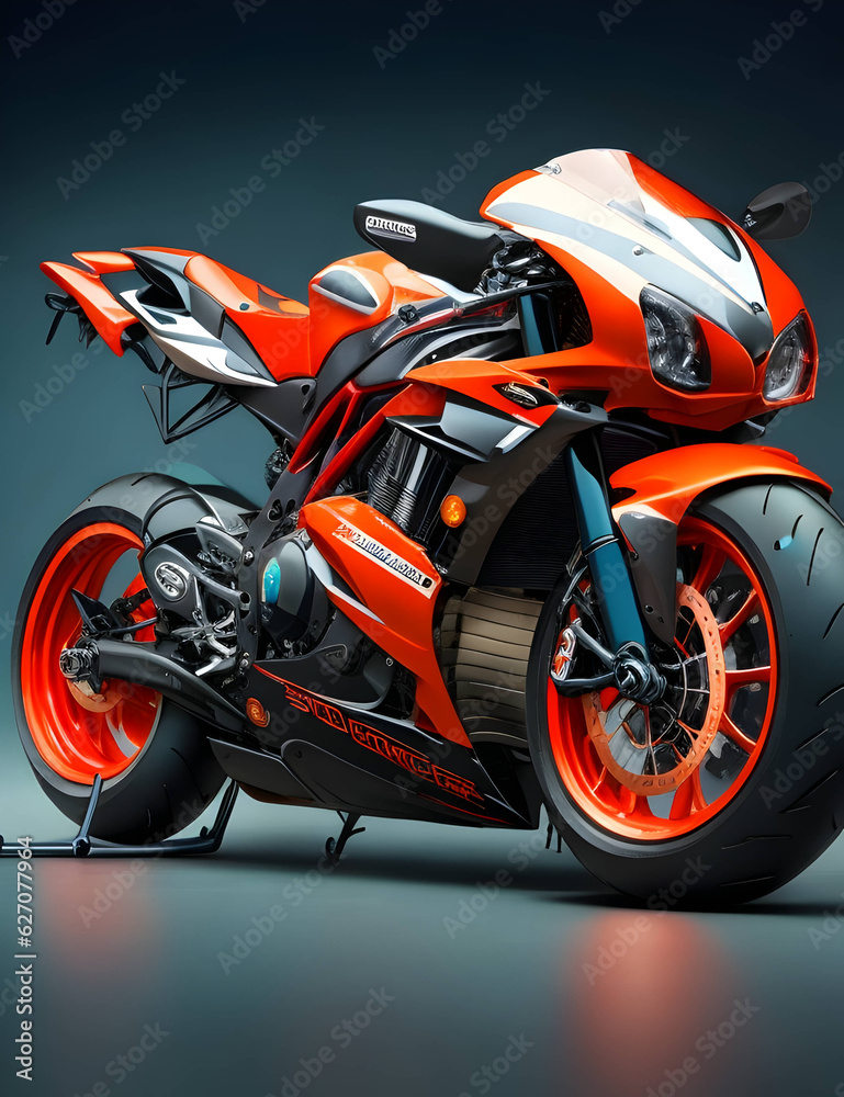 orange and white motorcycle parked in a dark room, a digital rendering