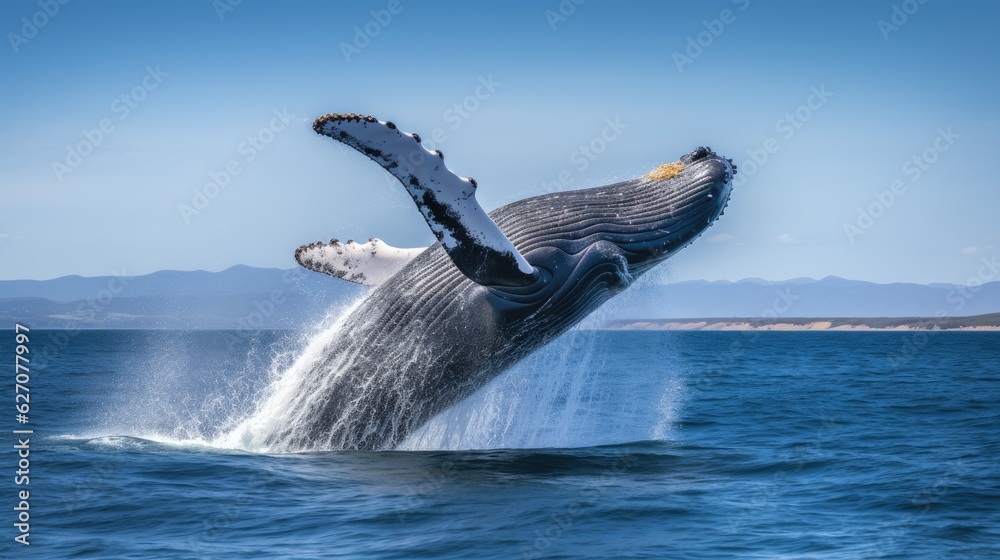 Fototapeta premium Whale Jumping From Open Water in Sea Under Blue Cloudy Sky With Bright Sun