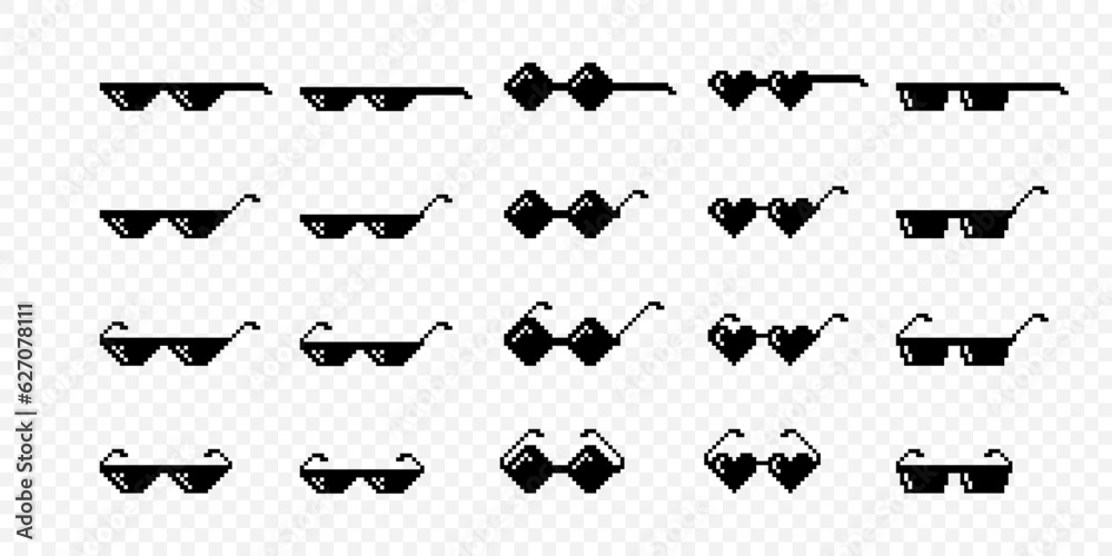 Vector Black And White Pixel Boss Glasses Icon Set In 8 Bit Retro Style vector-black-and-white-pixel-boss-glasses-icon-set-in-8-bit-retro-style