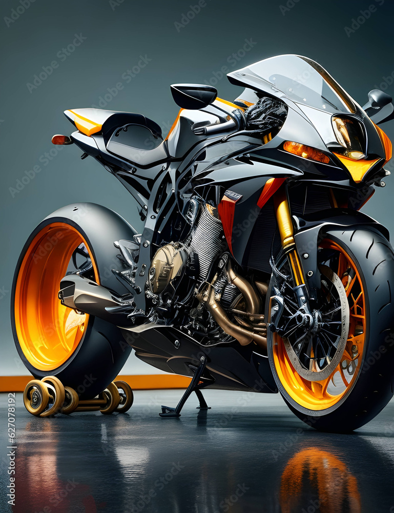 black and orange motorcycle with orange wheels, a digital rendering