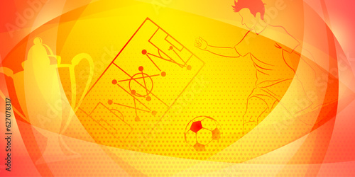 Soccer background with a football player kicking the ball and other sport symbols in national colors of Spain