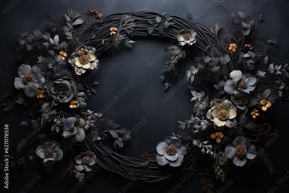 Obraz premium Generative AI, Close up wreath, blooming flowerbeds of amazing black flowers on dark moody floral textured background.