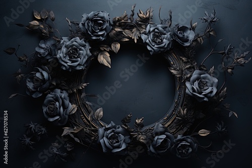 Generative AI, Close up wreath, blooming flowerbeds of amazing black flowers on dark moody floral textured background.